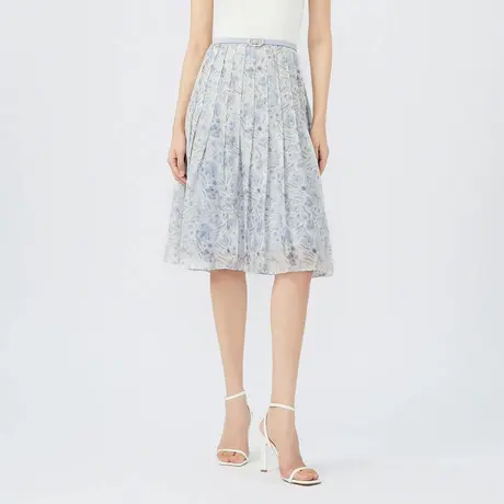 【真丝】LANCY/朗姿夏季高腰显瘦A字百褶印花半身裙子女图片