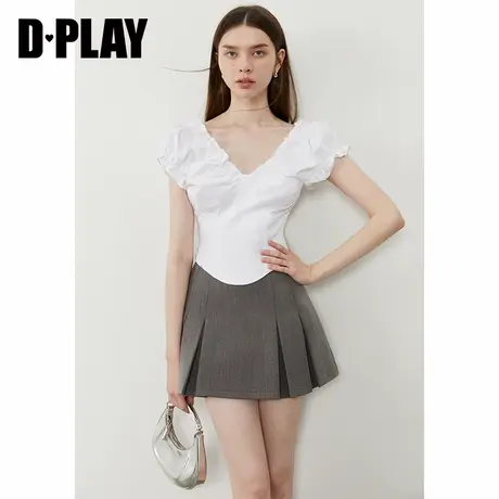 DPLAY2025年夏季新款白色上衣女法式荷叶边短款气质修身短袖衬衫商品大图