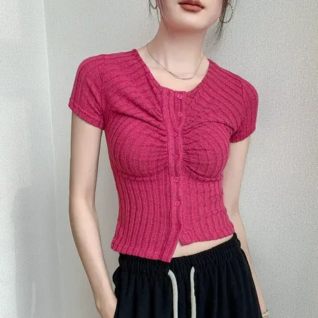 粉色短袖t恤女2024夏季新款性感甜辣修身单排扣短款露脐圆领上衣图片