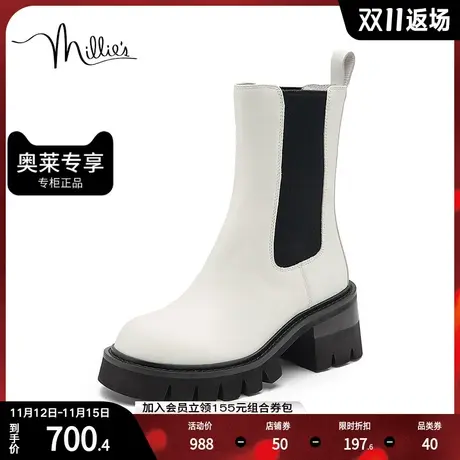 millie's妙丽冬商场同款牛皮时尚烟筒靴粗跟女中靴25565DZ2商品大图