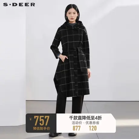 sdeer圣迪奥冬装女装连帽格纹收腰长款绵羊毛毛呢大衣S22482503🈺商品大图