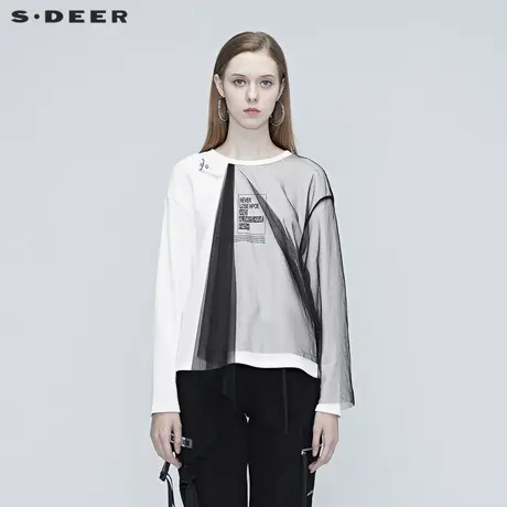 【直播间专属】sdeer圣迪奥休闲圆领网纱拼接长袖T恤S20380222图片