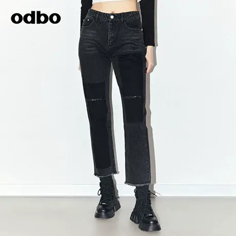 odbo 品牌黑色高腰水洗全棉直筒牛仔裤女新款显瘦破洞长裤商品大图