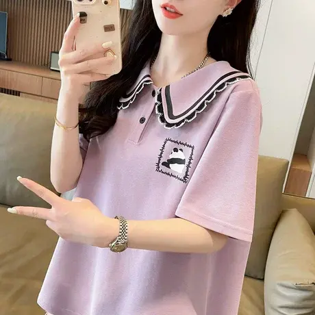 翻领polo衫短袖t恤女夏季韩版宽松大码女装胖mm娃娃领撞色上衣服图片