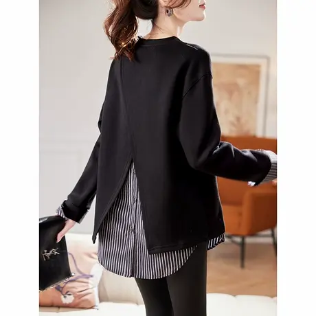 宝诗黎假两件条纹拼接黑色卫衣2025春季韩版设计感宽松休闲上衣女商品大图
