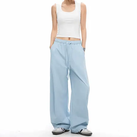 美式纯色宽松直筒阔腿裤女2025夏季新款显瘦垂感百搭运动弯刀长裤商品大图
