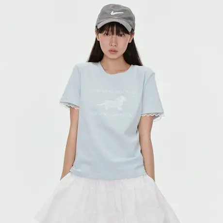 omont蛋挞家复古蕾丝腊肠狗狗短袖T恤2025夏圆领正肩修身显瘦上衣商品大图