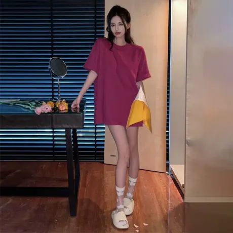 韩版多巴胺色纯棉短袖t恤女装宽松显瘦中长款下衣失踪慵懒风上衣商品大图