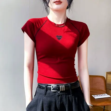 莱赛尔天丝圆领插肩短袖T恤女2025春夏新款凉感修身爱心印花上衣图片