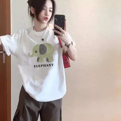 胖mm国潮复古纯棉短袖欧美大码T恤女白色chic上衣服ins奶系港风bf商品大图