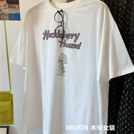 小鸭子卡通字母印花纯棉宽松休闲大板型夏季女式短袖T恤衫商品大图