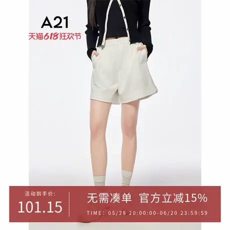 A21女装三色可选休闲短裤2025夏新款简约松紧腰侧开叉宽松直筒裤商品大图