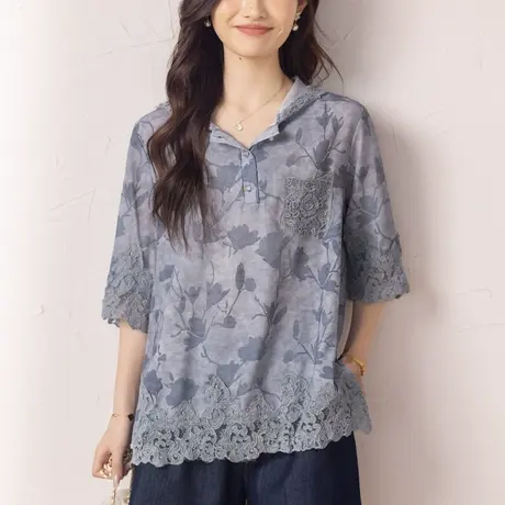 短袖t恤女夏季新款宽松中年妈妈轻奢洋气蕾丝拼接加大码连帽上衣图片