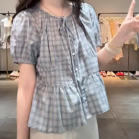 设计感系带格子短袖衬衫女2025夏新款收腰显瘦泡泡袖上衣遮肚小衫商品大图