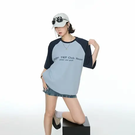 YEP2025夏季新款情侣款拼色纯棉印花T恤短袖街头风潮酷半袖上衣图片