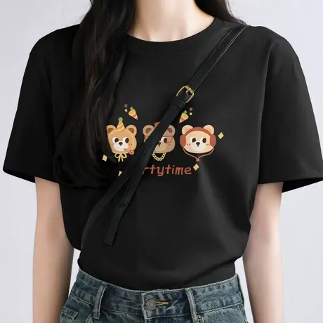 KWV真维斯黑色纯棉短袖女t恤2025新款流行夏季美式宽松设计感上衣商品大图