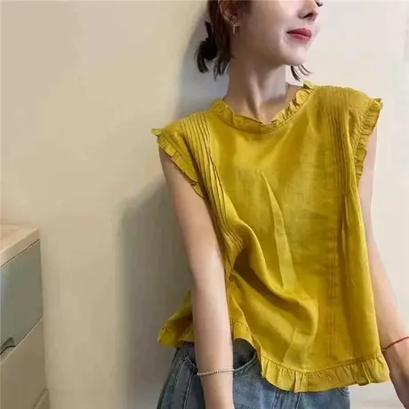 甜美木耳边圆领无袖背心衬衫女夏季新款宽松休闲减龄薄衬衣上衣潮商品大图