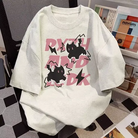 美式复古纯棉卡通印花短袖t恤女新款夏季宽松圆领学院风百搭上衣商品大图