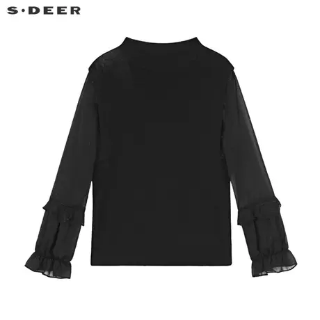sdeer圣迪奥22春夏新品罗纹圆领花边雪纺拼接黑色针织衫S221Z3509图片