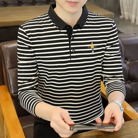 新款春秋体恤内搭条纹保罗翻领POLO衫韩版修身上衣服男士长袖T恤商品大图