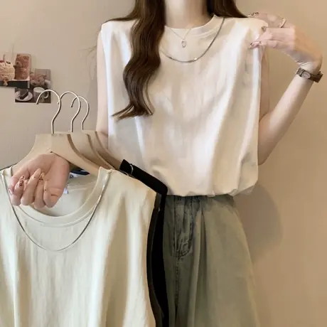 夏季2025新款无袖T恤女背心韩版百搭宽松显瘦短款收腰链条上衣潮图片