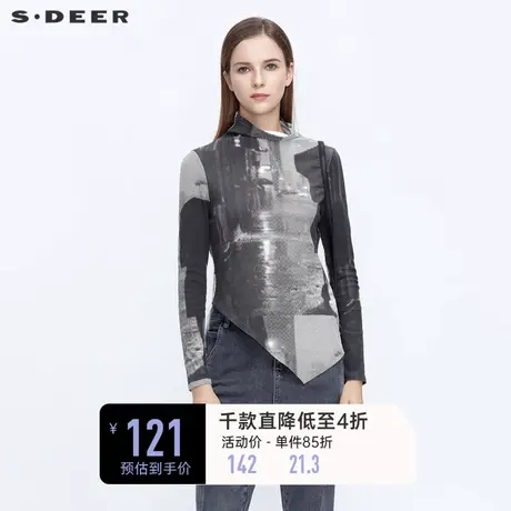 sdeer圣迪奥春装高领人物印花不规则长袖T恤女S21180205图片