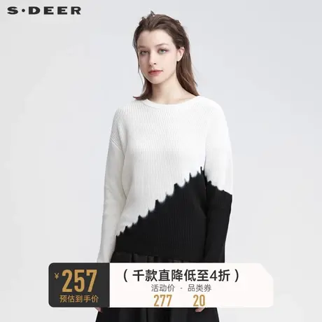 sdeer圣迪奥女装春秋装罗纹圆领黑白撞色宽松针织衫S22183518图片