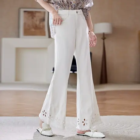 宝诗黎高腰刺绣镂空拼接牛仔裤2025夏季洋气宽松百搭休闲阔腿裤女图片