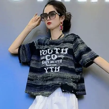 2025夏季新款休闲潮流中国风短袖T恤女宽松运动小众设计感上衣潮图片