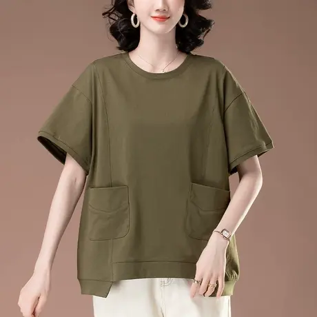 短袖t恤女夏季新款宽松加肥加大码中年妈妈全棉百搭休闲半袖体恤商品大图