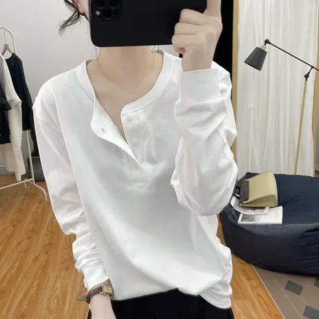 韩国高品质纯棉圆领宽松纽扣长袖T恤女春秋复古基础款打底衫体恤图片