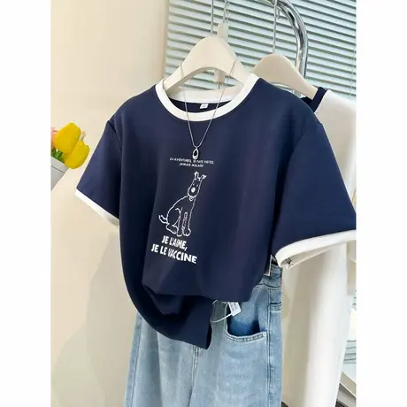 闺蜜装夏装短袖T恤女韩版宽松显瘦纯棉打底衫撞色圆领半袖上衣ins图片