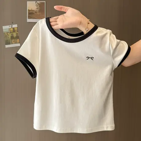 chic甜辣蝴蝶结刺绣短袖T恤女夏季修身小个子短款韩版正肩上衣潮商品大图