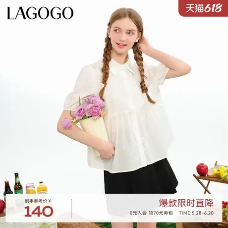 LAGOGO纯棉设计感泡泡袖衬衫女拉谷谷夏季新款宽松百搭短袖上衣商品大图