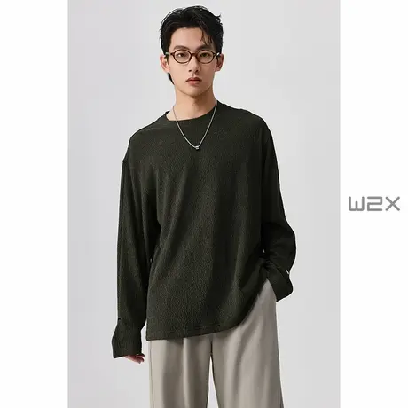 w2x2025春季新款抽皱双层针织极简风长袖T恤男高级感宽松休闲体恤图片