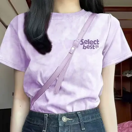 NOB真维斯扎染宽松纯棉短袖t恤女2025新款夏季紫色上衣多巴胺半袖商品大图