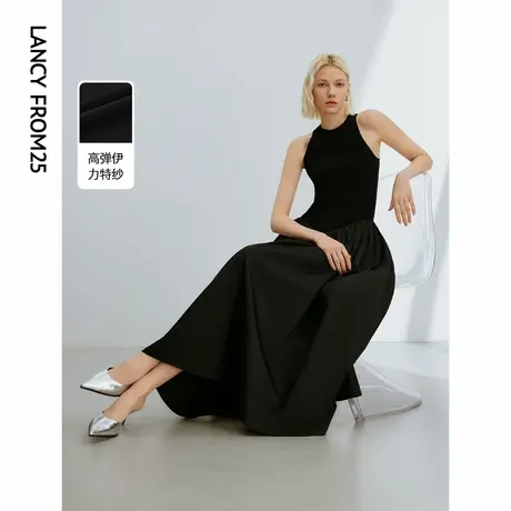 朗姿设计感假两件法式复古气质无袖小黑裙2024年夏季新款连衣裙女商品大图