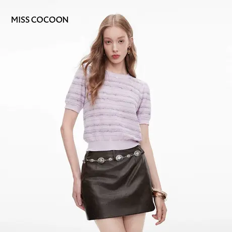 MISSCOCOON可可尼粉色上衣女2025秋季新款条纹短袖绵羊毛针织衫商品大图