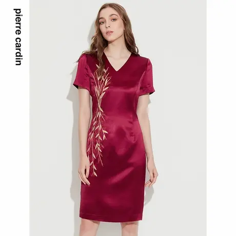 【皮尔卡丹女装】2024年夏季新款酒红色短袖连衣裙婚庆装商品大图