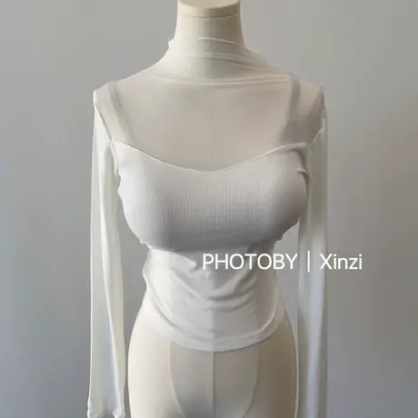 现货 韩国东大门性感网纱拼接微透女人味显身材长袖体恤商品大图