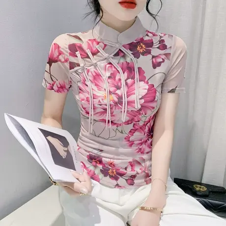 复古印花短袖T恤女国潮高级感立领盘扣上衣气质网纱小衫修身半袖图片