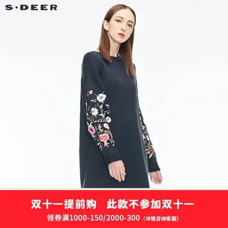 sdeer圣迪奥时尚复古刺绣图案装饰落肩袖型圆领针织衫S18483524🤡商品大图