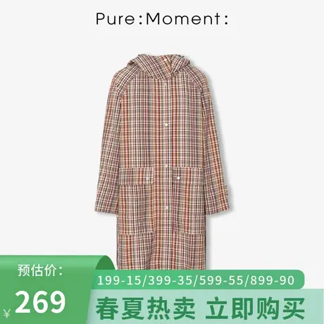 Pure:🚤Moment春季新款时尚格子休闲长款连帽风衣女商品大图