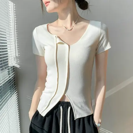 法式短袖t恤女2024夏季新款修身显瘦洋气又甜又辣上衣设计感上衣图片