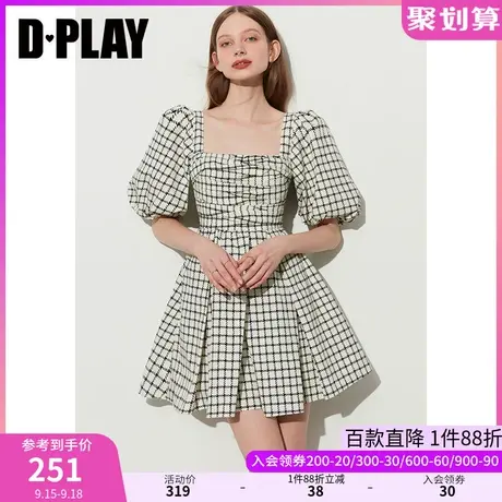 DPLAY2023复古法式方领泡泡袖黑白格纹捏褶大摆在逃公主蓬蓬裙图片