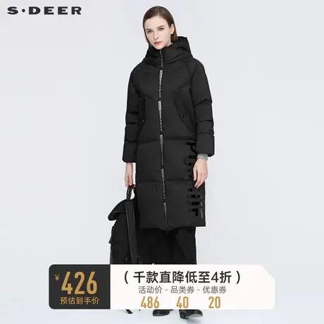 sdeer圣迪奥时尚高领连帽字母印花保暖黑色长款羽绒服女S20482407👳商品大图