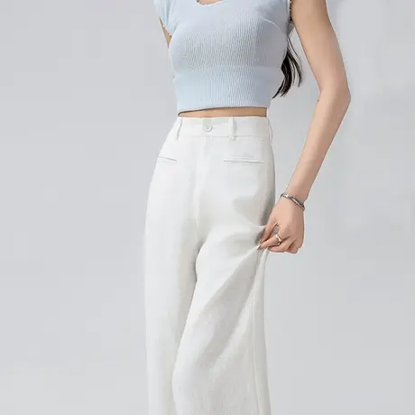 莱赛尔天丝亚麻弯刀西装裤女夏季薄款高腰宽松垂感显瘦休闲阔腿裤图片