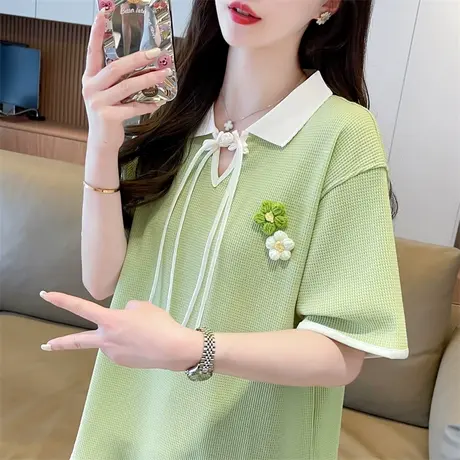 翻领polo衫短袖t恤女夏季韩版宽松大码女装华夫格撞色假两件上衣图片