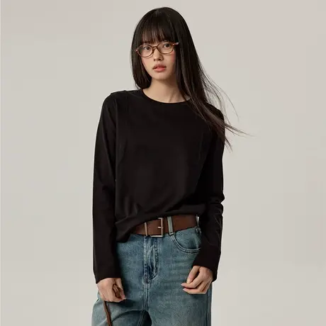 omont蛋挞家复古设计感长袖T恤2025春季圆领纯色宽松休闲内搭上衣商品大图