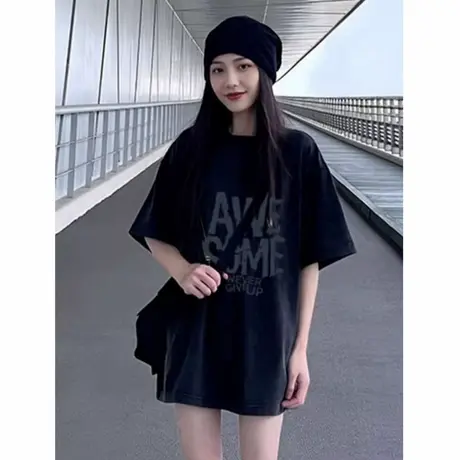 美式潮牌下衣失踪中长款黑色短袖t恤女夏新款字母印花遮屁股上衣商品大图